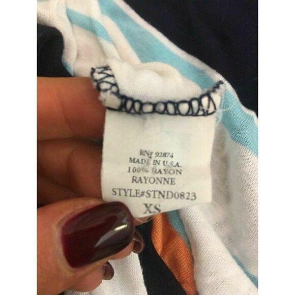 Splendid Womens White Blue Orange Striped V Neck Short Sleeve Top Rayon Xs - Picture 6 of 6